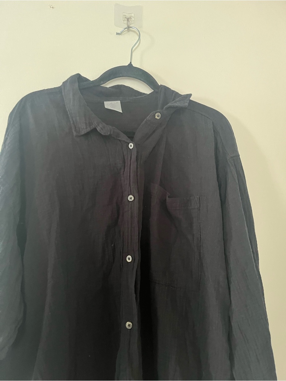 100% Cotton Gauze Button Down Top XL Black Euro Summer Minimalist Beach - Picture 3 of 6